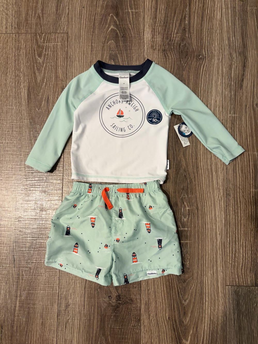 NWT Gerber Mint & White Sailing Rashguard Set with Orange Accents